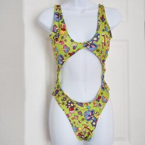 Planet Disco "Extrovert" - Lime Green Mushroom Pattern Cutout Bodysuit Small